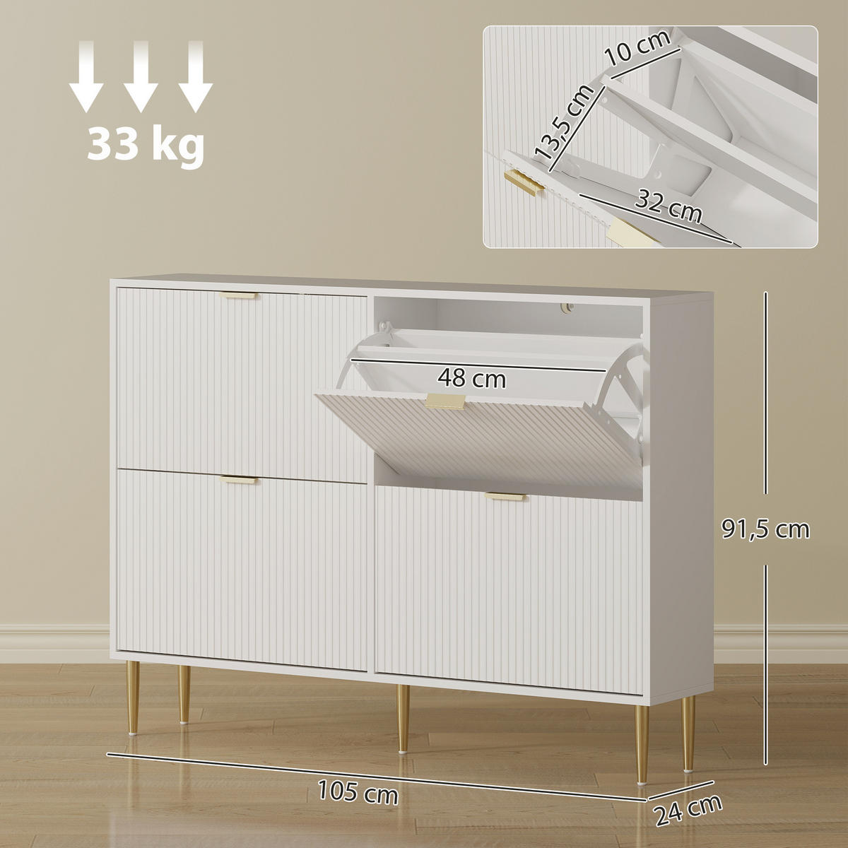 SCHUHSCHRANK DE-15042 4 Klapptüren mit Rillenfront & verstellbaren Böden Weiß - Weiß, Holzwerkstoff (105/91.5/24cm) - ComfortXL