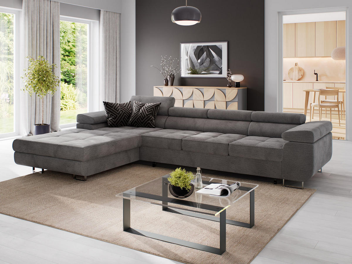 ECKSOFA VEMO CORE PLUS Links Grau Velours-Stoff mit Schlaffunktion und Bettkasten - Grau, Holz/Metall (350/205cm) - Barchello