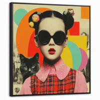 LEINWAND Bilder mit Rahmen - Mädchen - Sonnenbrille - Katze - Retro - 90x90 - Beige, Textil (90/90cm) - MuchoWow