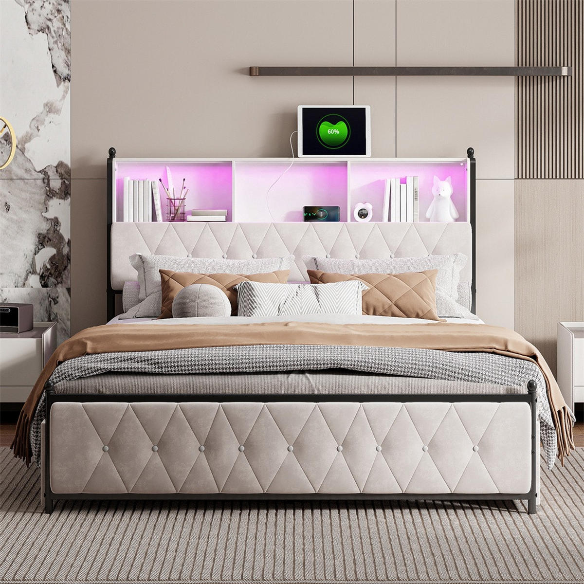POLSTERBETT 160x200 cm mit 4 Schubladen - Kopfteil mit Stauraumfächern,USB&Type-C Ladestation und LED-Beleuchtung - Beige, Textil (160/200cm) - DELFA