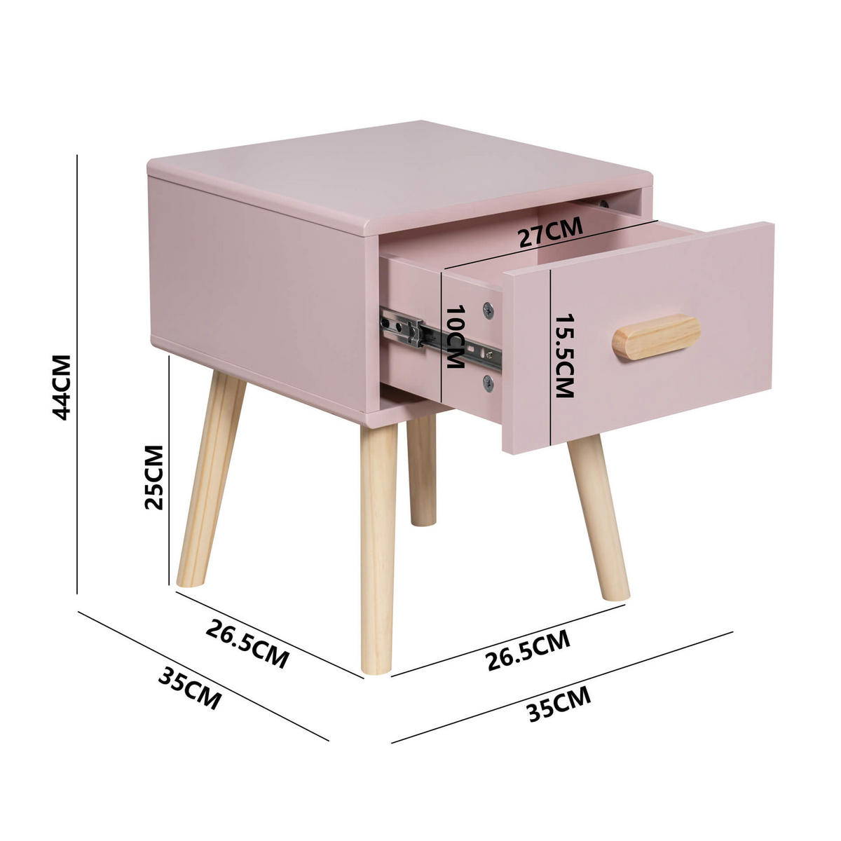 NACHTTISCH Rosa 35/35/44 cm - Pink, Holzwerkstoff (35/44/35cm) - Mobili Rebecca