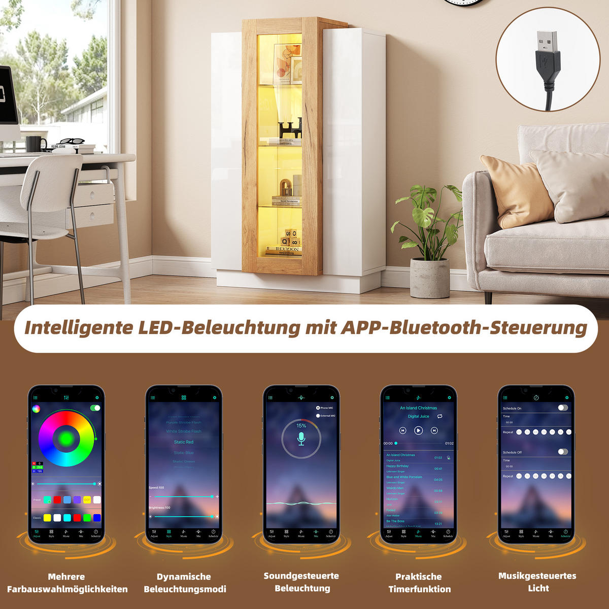 VITRINE LED Hochglanz 3 Türen Glas Schublade 120cm - Multicolor, Holzwerkstoff (74/120/40cm) - FLIEKS