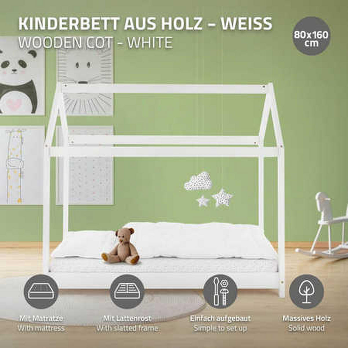 KINDERBETT mit Dach und Matratze 80x160 cm Weiß - Weiß, Holz (80/160cm) - ML-DESIGN