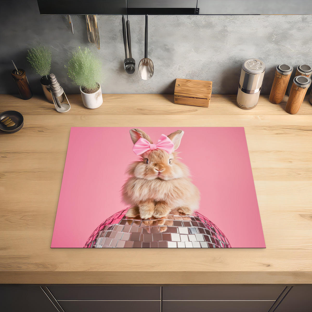 HERDABDECKPLATTE Schleife - Discoball - Kaninchen Herdabdeckung Induktionsfeld 65x52 cm - Pink, Kunststoff (65/52/0.2cm) - MuchoWow