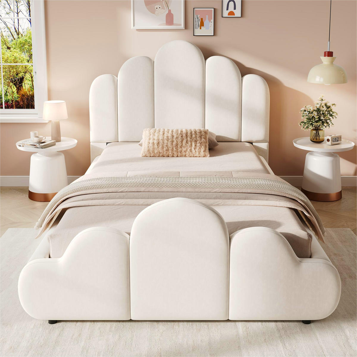 POLSTERBETT 90/200 cm in Beige mit Lattenrost, rundum abgerundeten Kanten und Wolken-Design aus Samt - Beige/Schwarz, Holzwerkstoff/Textil (90/200cm) - STILVORA