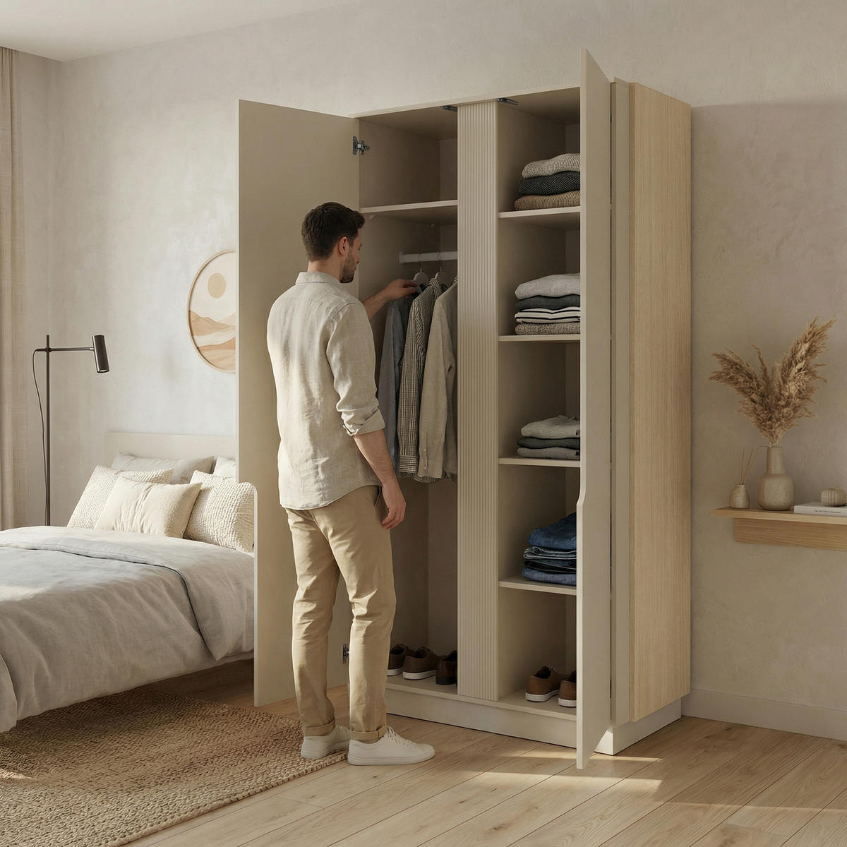 DREHTÜRENSCHRANK Positivo mit 2 Türen, 103 cm, Mavelie-Eiche + Macadamia - Eichefarben, Holzwerkstoff (103/195/52cm) - Beautysofa