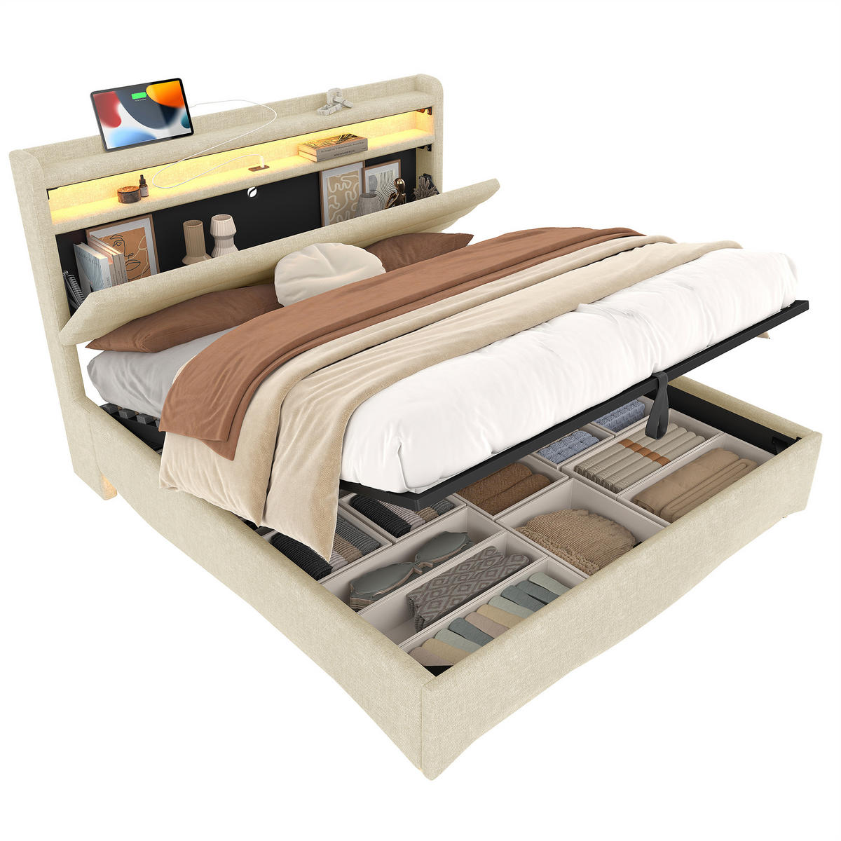 POLSTERBETT 140x200cm Beige LED Hydraulik USB Leinen - Beige, Holz (140/200cm) - FLIEKS