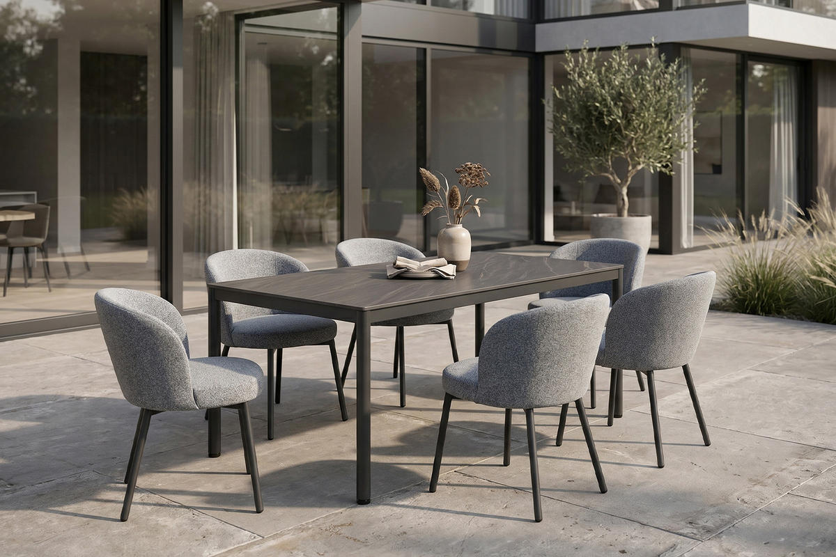 GARTEN-ESSGRUPPE INDUS 7ER SET Grau Keramik, Flachgewebe - Grau, Keramik - KAWOLA
