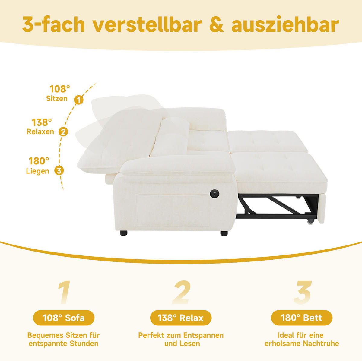 SCHLAFSOFA 142/90/86,5 cm aus Chenille mit 3-in-1-Bettfunktion Beige - Beige, Textil (90/86.5/142cm) - Modenvie