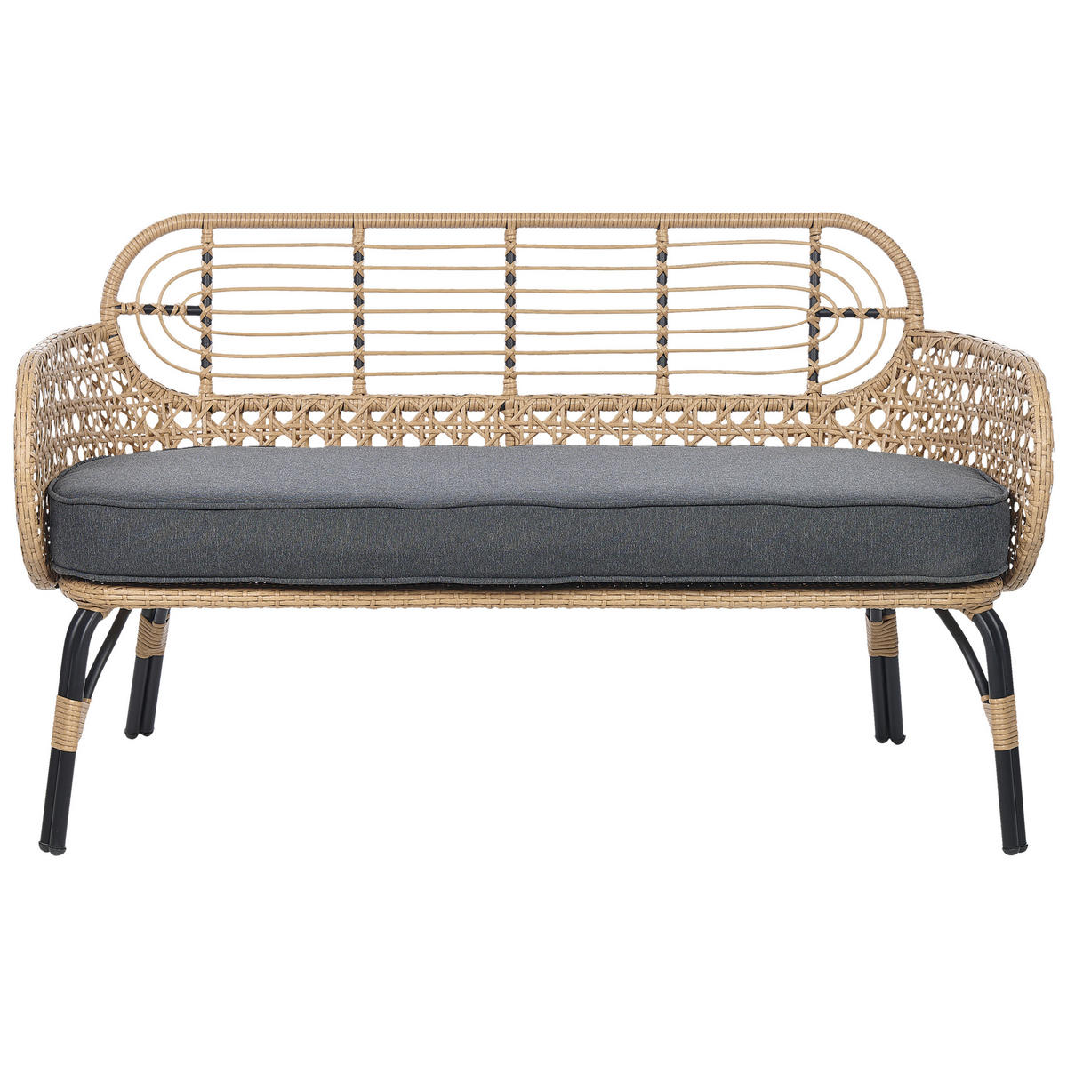 GARTENSOFA 2-Sitzer Rattan natürlich 122 cm Auflage graphitgrau Pratello - Beige/Schwarz, Kunststoff (122/79/59cm) - Beliani