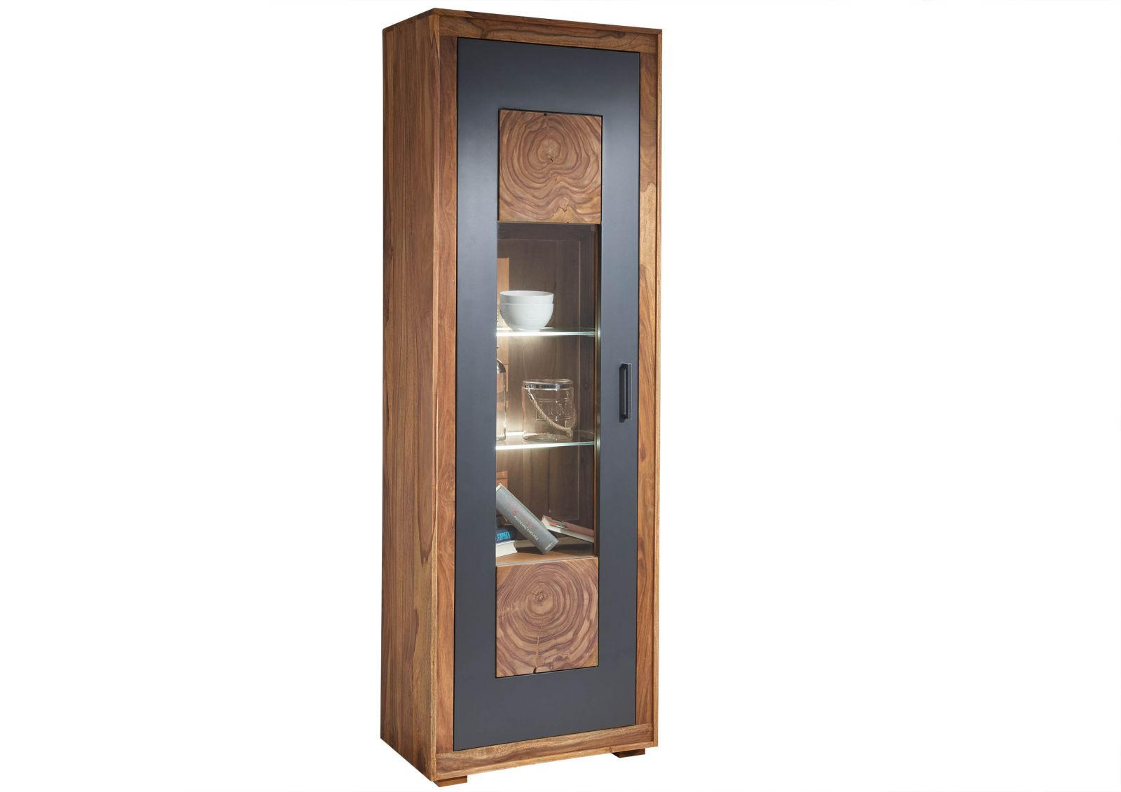 VITRINE Sheesham 66x40x201 gebeizt TURIN #01 - Braun, Holz (66/201/40cm) - Massivmoebel24