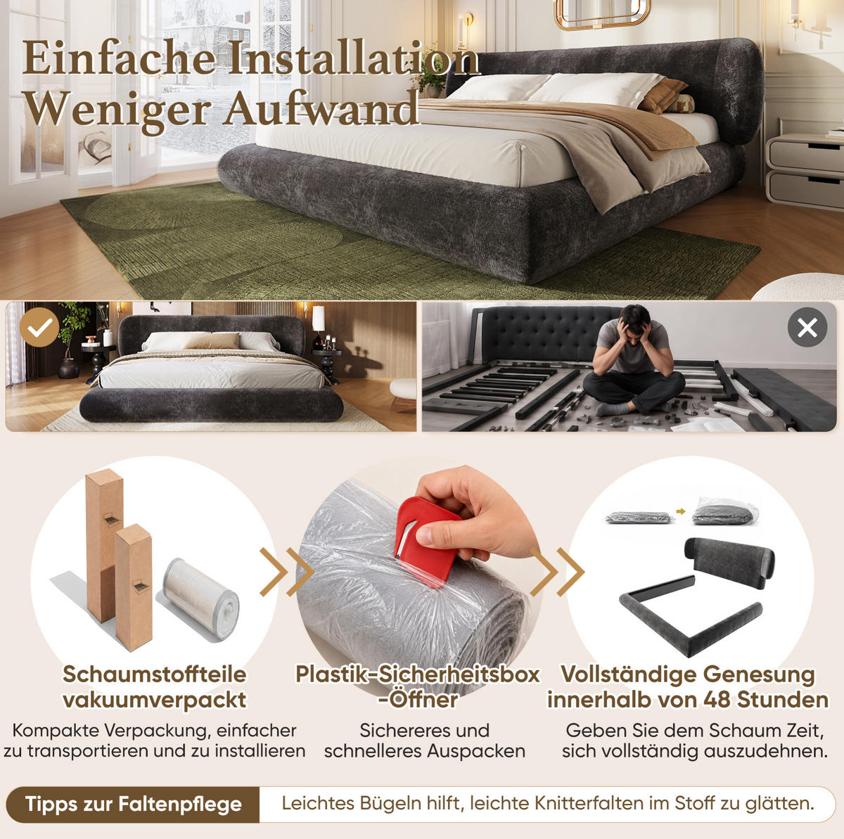 POLSTERBETT aus Chenille 160x200 cm Grau mit Lattenrost und gepolstertem Kopfteil - Grau, Textil (160/200cm) - Modfu