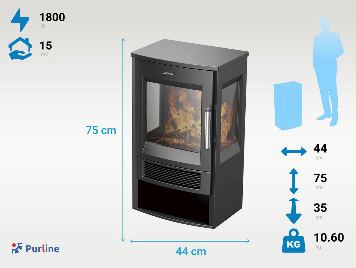 ELEKTROKAMIN Schwarz Bodenmodell mit integrierter Heizung 1800 W - Schwarz, Glas (44/75/35cm) - Purline