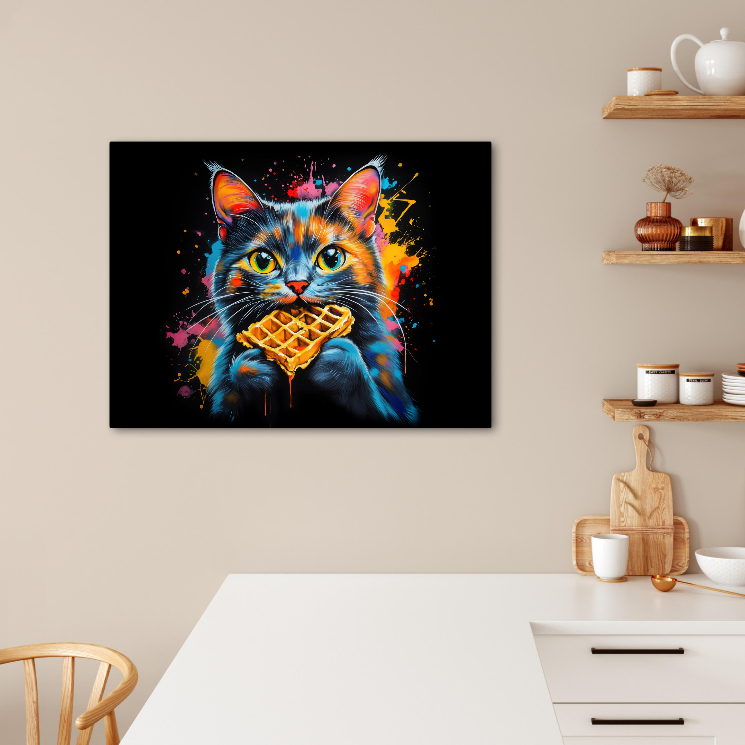 LEINWANDBILD Katze - Graffiti - Bunt - Waffel - Essen Wandbilder 80x60 cm - Türkis, Textil (80/60cm) - MuchoWow