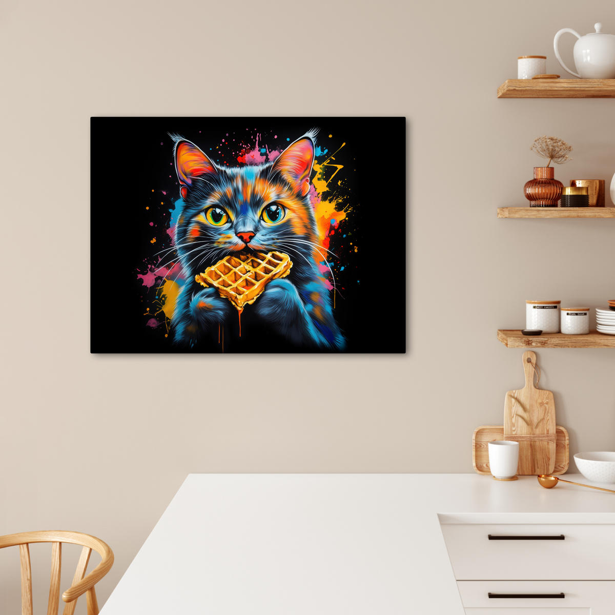 LEINWANDBILD Katze - Graffiti - Bunt - Waffel - Essen Wandbilder 80x60 cm - Türkis, Textil (80/60cm) - MuchoWow