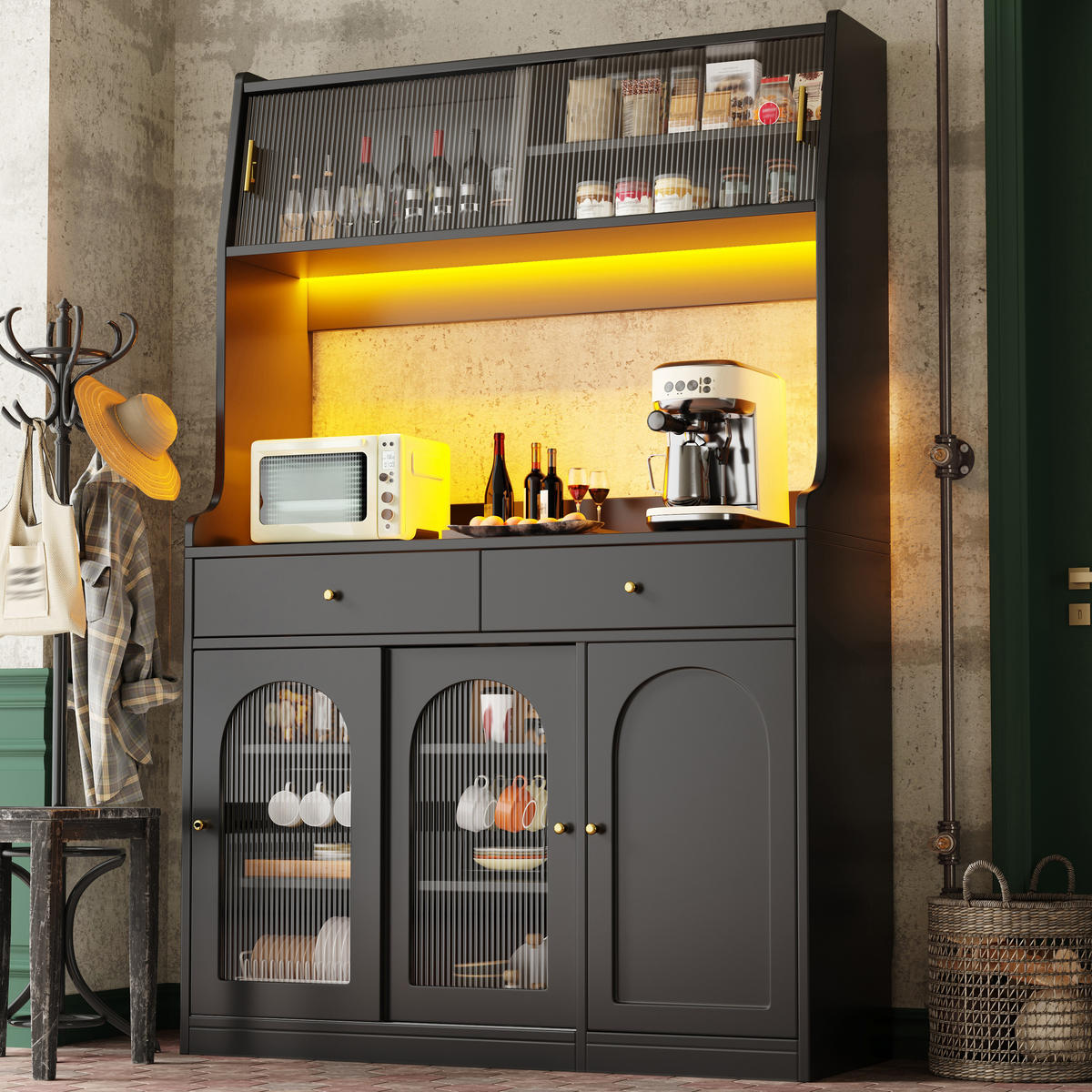 KÜCHENSCHRANK LED Hochschrank Vitrinenschrank Schwarz - Schwarz, Holzwerkstoff (120/180/40cm) - FLIEKS