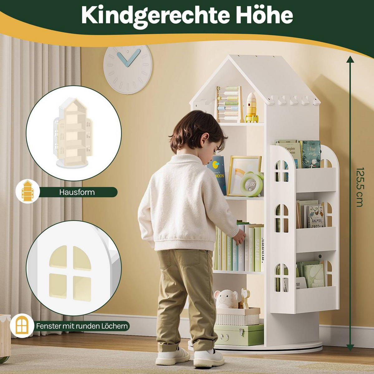 KINDERREGAL mit 4 Ebenen, drehbar, Hausform, Weiß - Weiß, Holzwerkstoff (63/125.5/59cm) - Woltu