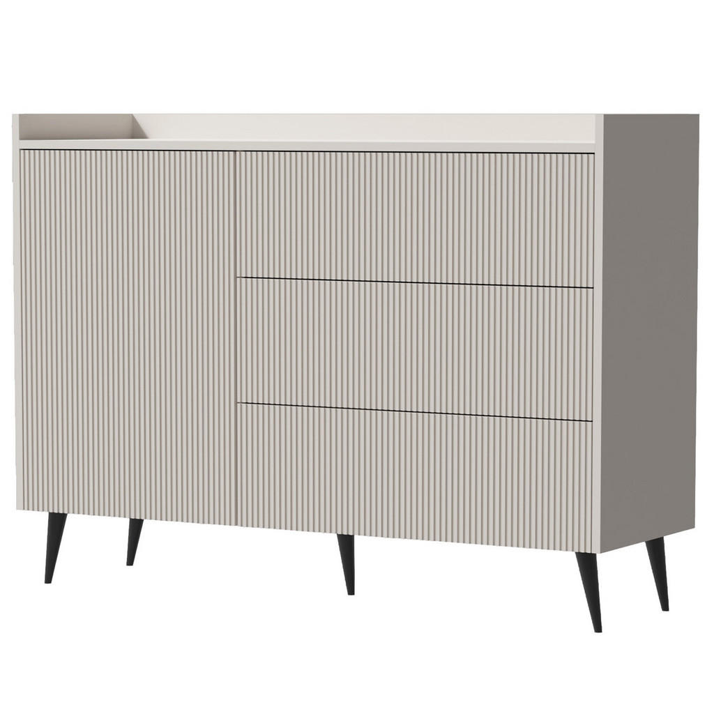 Beautysofa KOMODA Amfali s 1 dveřmi a 3 zásuvkami, systém Push-to-open, kovové nohy, 126 cm, kašmír
