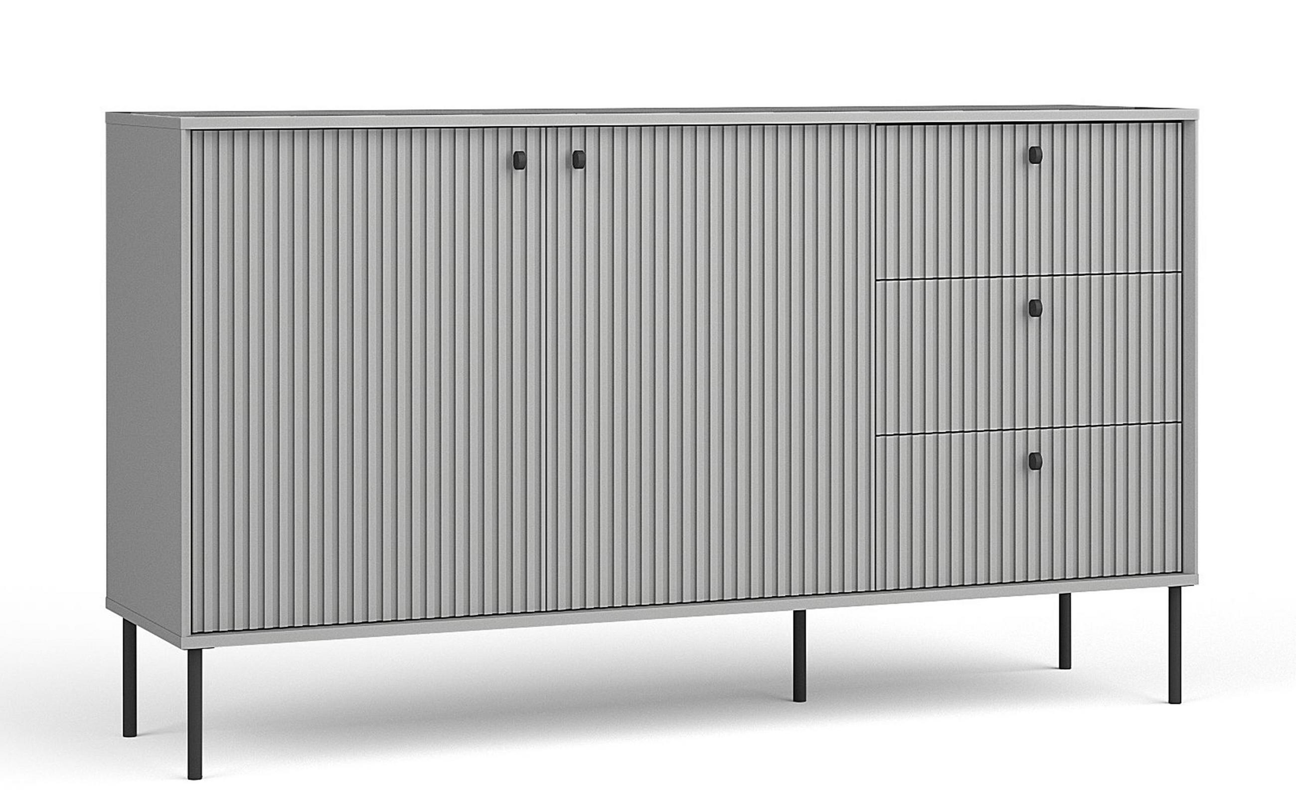 SIDEBOARD Irelis 2T3S Grau 156,2/89,2/41 cm – mit geriffelten Fronten, mit schwarzen Beinen - Schwarz/Grau, Holzwerkstoff/Metall (156.2/89.2/41cm) - AX Living
