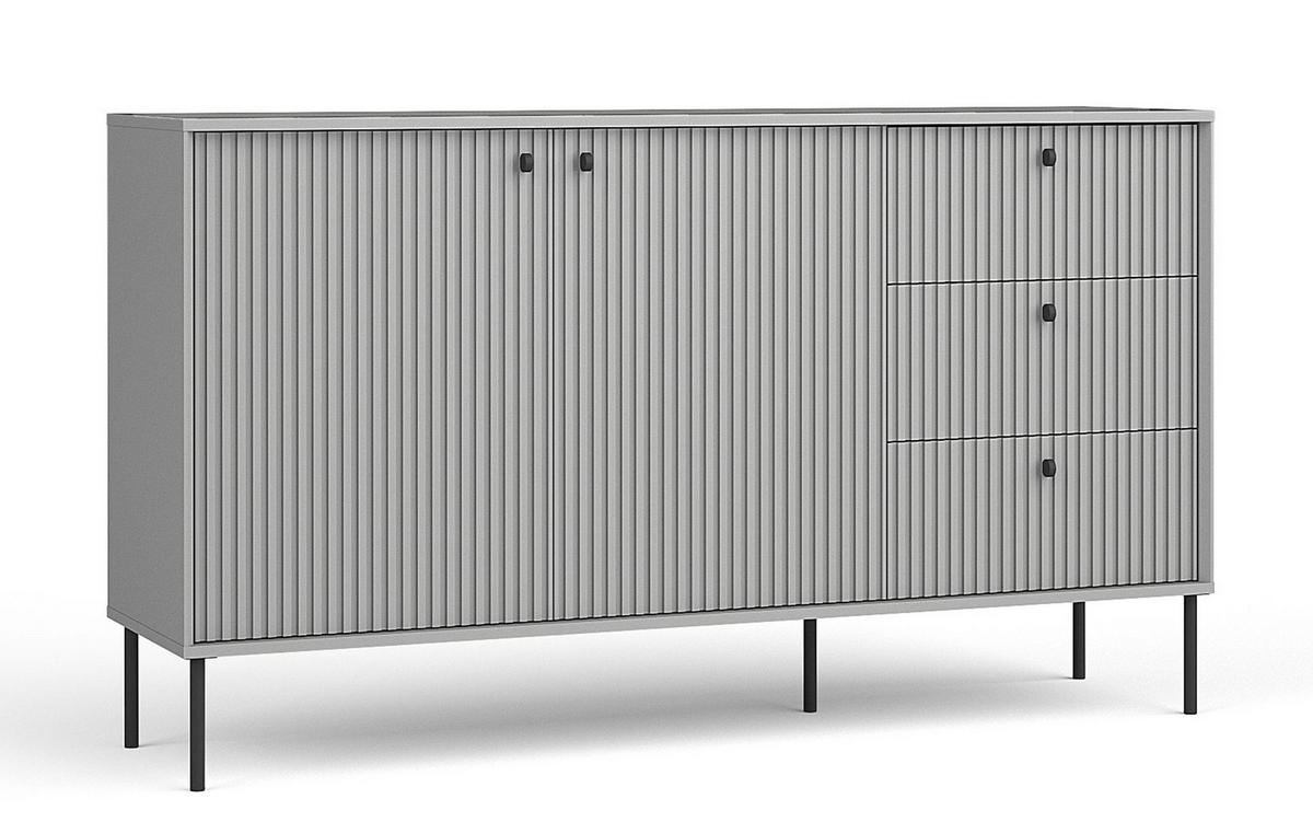 SIDEBOARD Irelis 2T3S Grau 156,2/89,2/41 cm – mit geriffelten Fronten, mit schwarzen Beinen - Schwarz/Grau, Holzwerkstoff/Metall (156.2/89.2/41cm) - AX Living