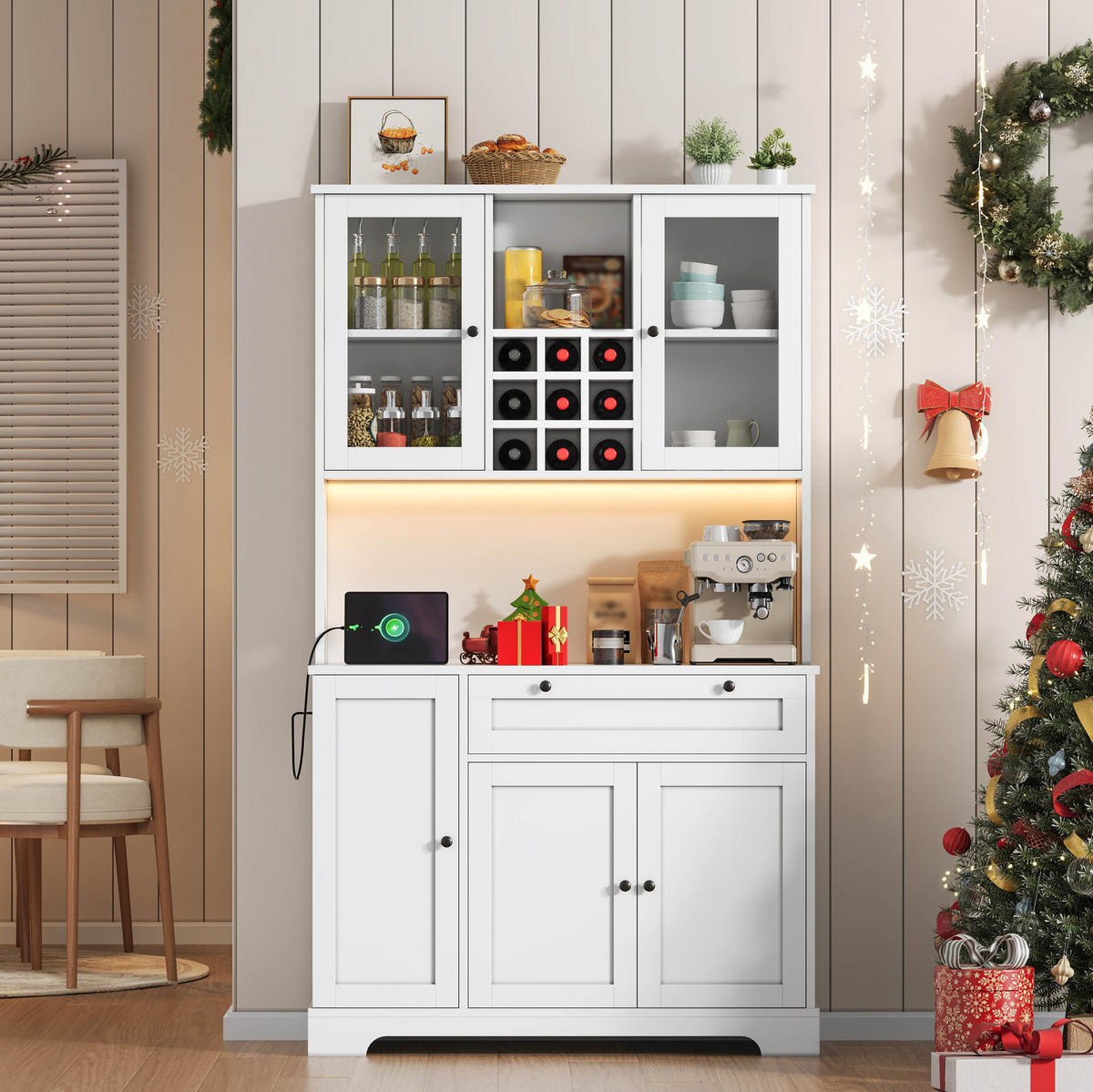BUFFET 105/40/180 cm aus MDF mit LED-Beleuchtung und Steckdosenleiste Weiß - Weiß, Holzwerkstoff (105/180/40cm) - Modenvie