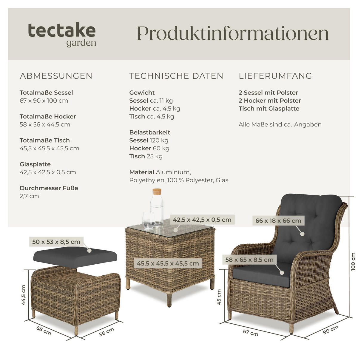 RATTAN SITZGRUPPE Benissa,mit Sicherheitsglasplatte,natur - Naturfarben, Kunststoff - tectake