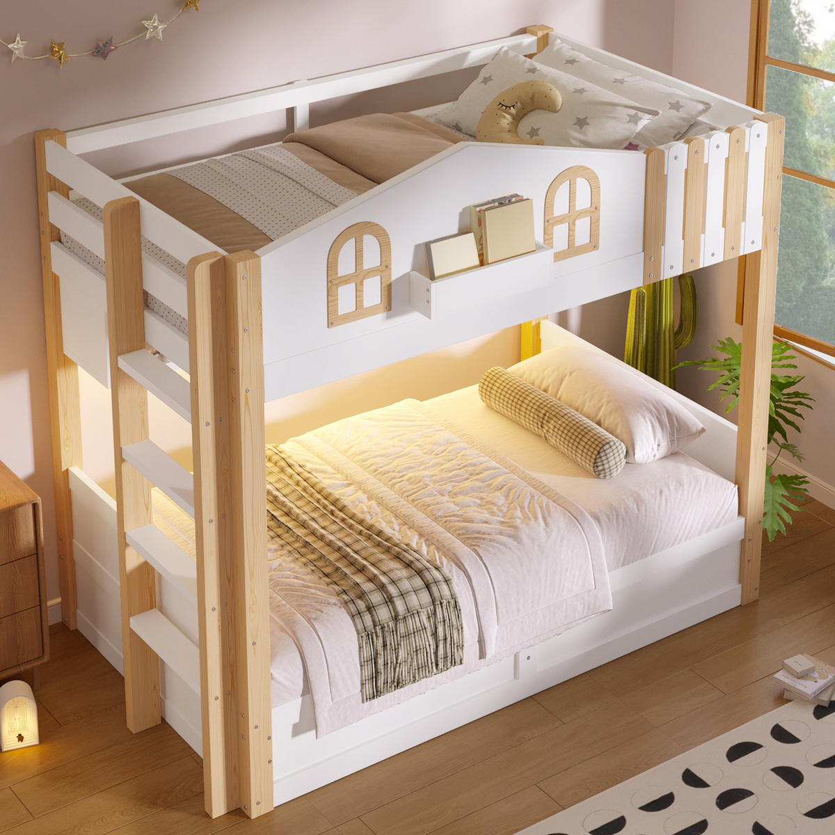 ETAGENBETT 90/200 cm aus Kiefer und MDF mit LED, Weiß/Natur - Eichefarben, Holzwerkstoff (90/200cm) - OKMYHOME