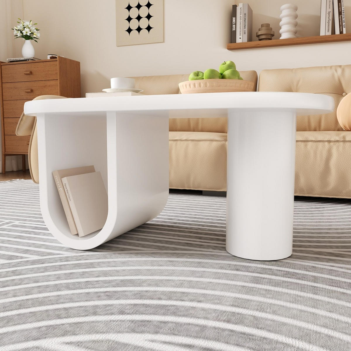 COUCHTISCH Moderner ovaler mit Stauraum und stabilen Beinen - Weiß, Holz (109.86/63.5/42cm) - FLIEKS