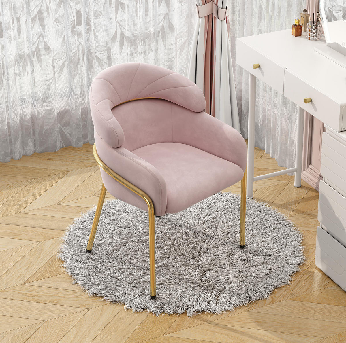 STUHL 56.9x54.5x79 cm in Pink, Samt mit Metallbeinen, Einzelstück - Pink, Textil (54.5/79/56.9cm) - Modfu