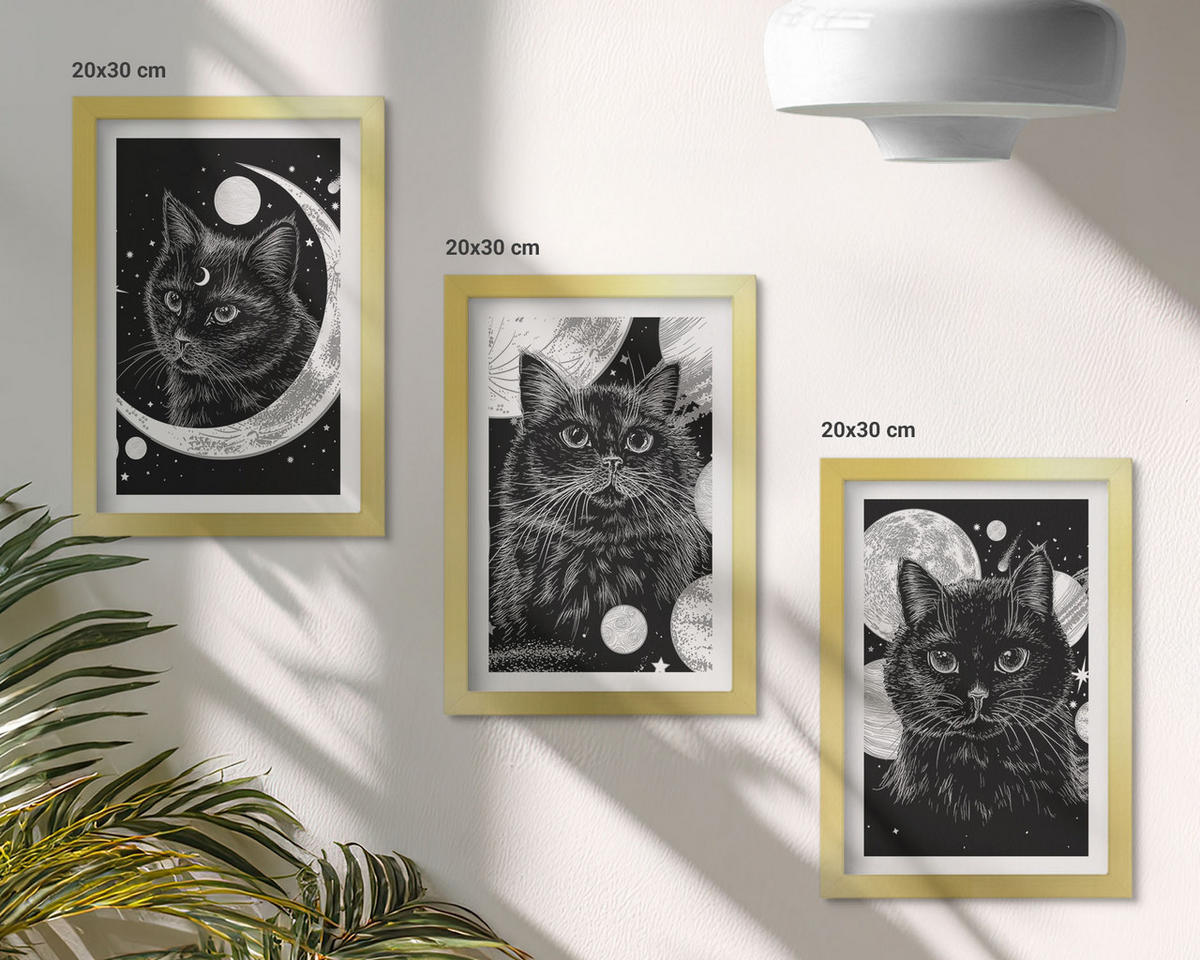 BILDER SET 3er Set - 20x30 cm Goldrahmen - Schwarze Katzen, Mond, Weltraum - Goldfarben, Kunststoff (20/30cm) - TULUP