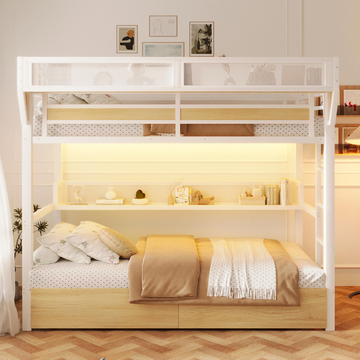 HOCHBETT aus Metall und MDF 90x200 cm Weiß mit 2 Schubladen, Regal, Aufbewahrungskorb und LED-Licht - Weiß, Holzwerkstoff (90/200cm) - Modfu