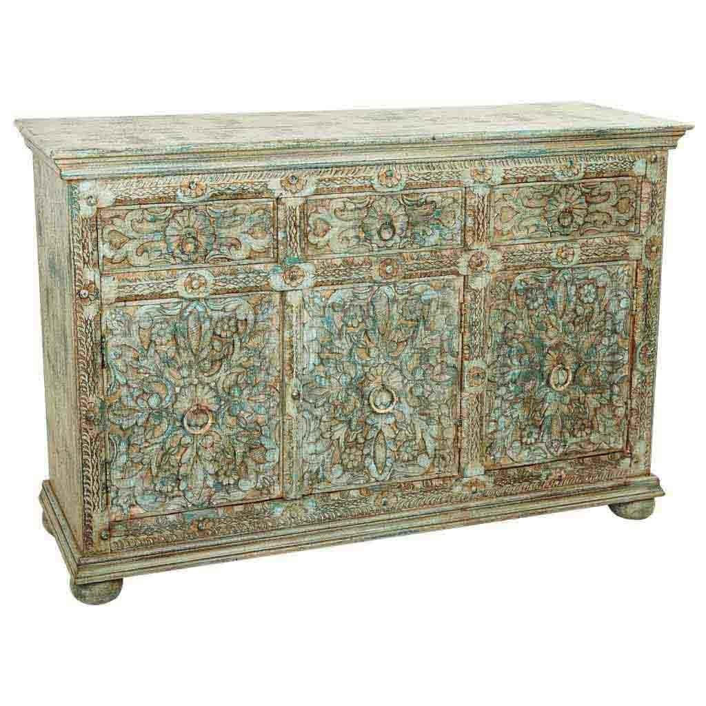 ANRICHTE aus Geschnitztes Holz, grün, 147x45x96 - Multicolor, Holz (147/96/45cm) - Wanderlust