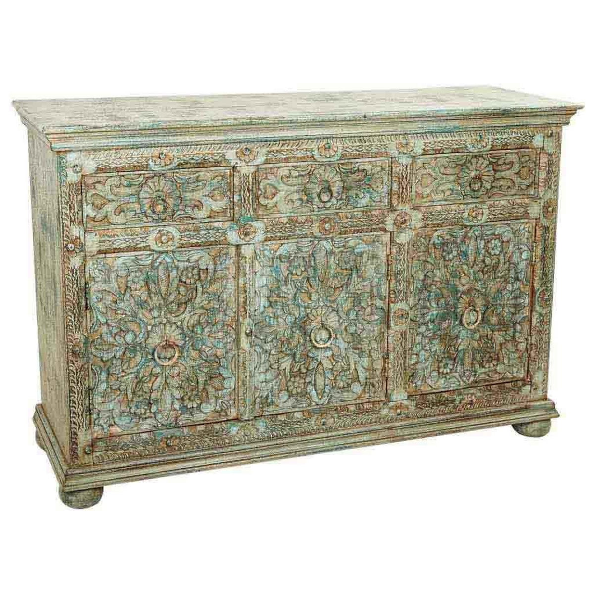 ANRICHTE aus Geschnitztes Holz, grün, 147x45x96 - Multicolor, Holz (147/96/45cm) - Wanderlust