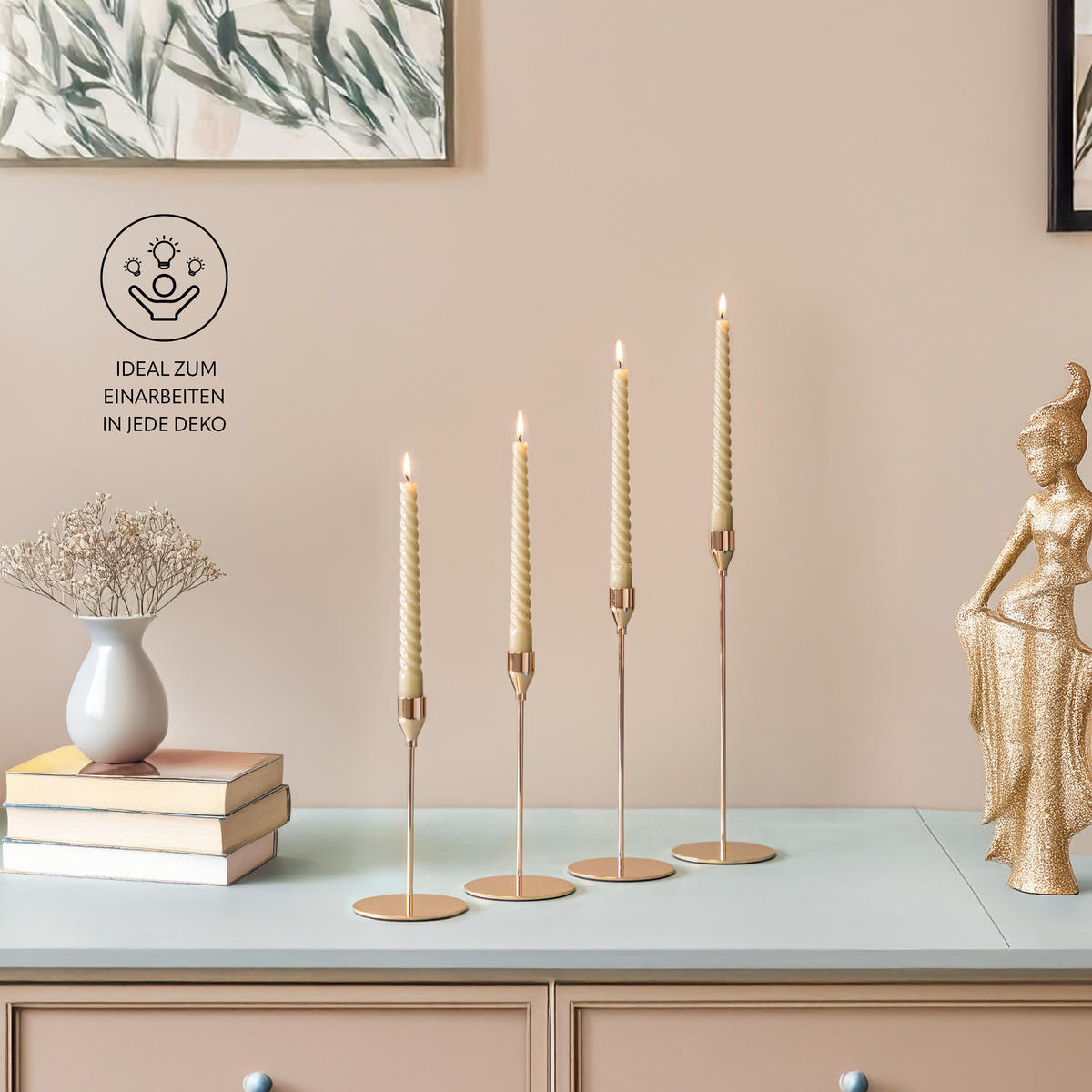 KERZENHALTER 4er-Set, Gold, Aluminium, Stahl - Roségold, Metall (10/32/10cm) - bremermann