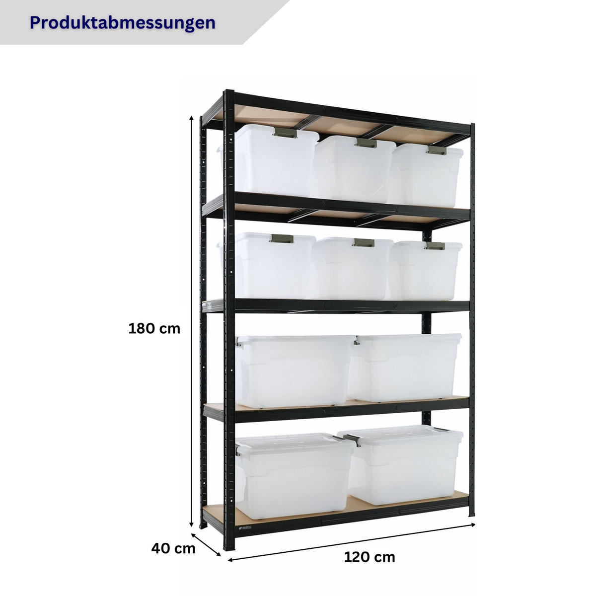 SCHWERLASTREGAL Ragnar inkl. 10x Aufbewahrungsbox 30 & 45 Liter - Schwarz, Metall (120/180/40cm) - PROREGAL