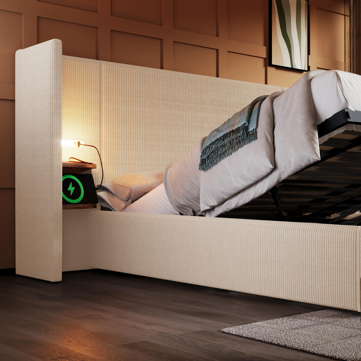 POLSTERBETT 160/200 cm Beige-Weiß mit Stauraum und Leselampe aus Cordstoff - Weiß, Textil (160/200cm) - OKWISH