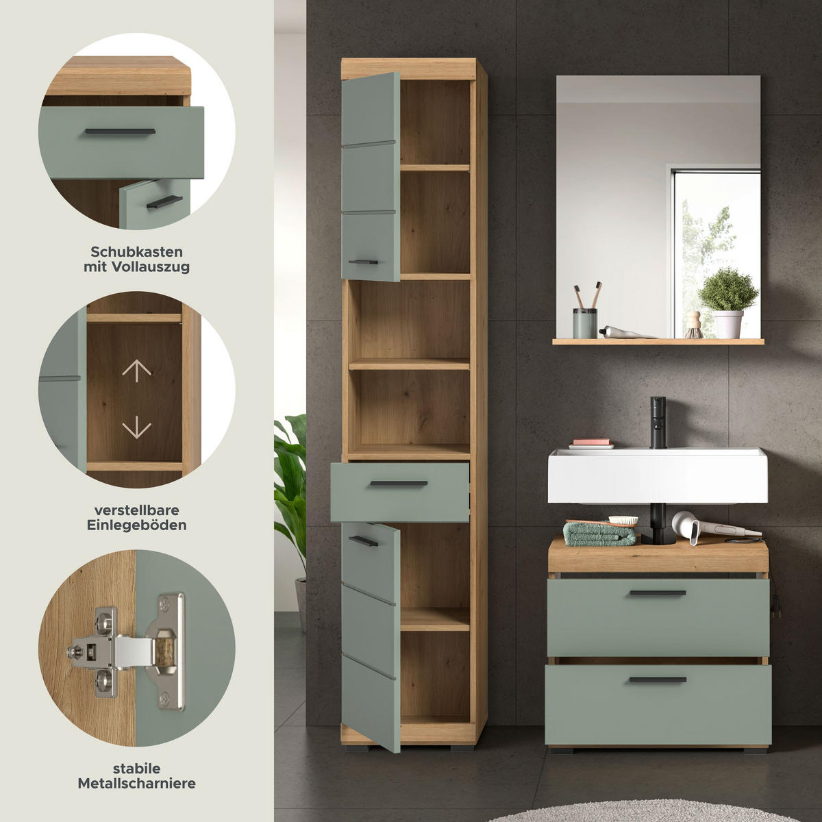 BADKOMBINATION 3tlg. Scout Bad in Artisan Eiche Nachbildung und Salbei Nachbildung B/H/T: 112x191x34 cm - Eiche Artisan, Holz (112/191/37cm)