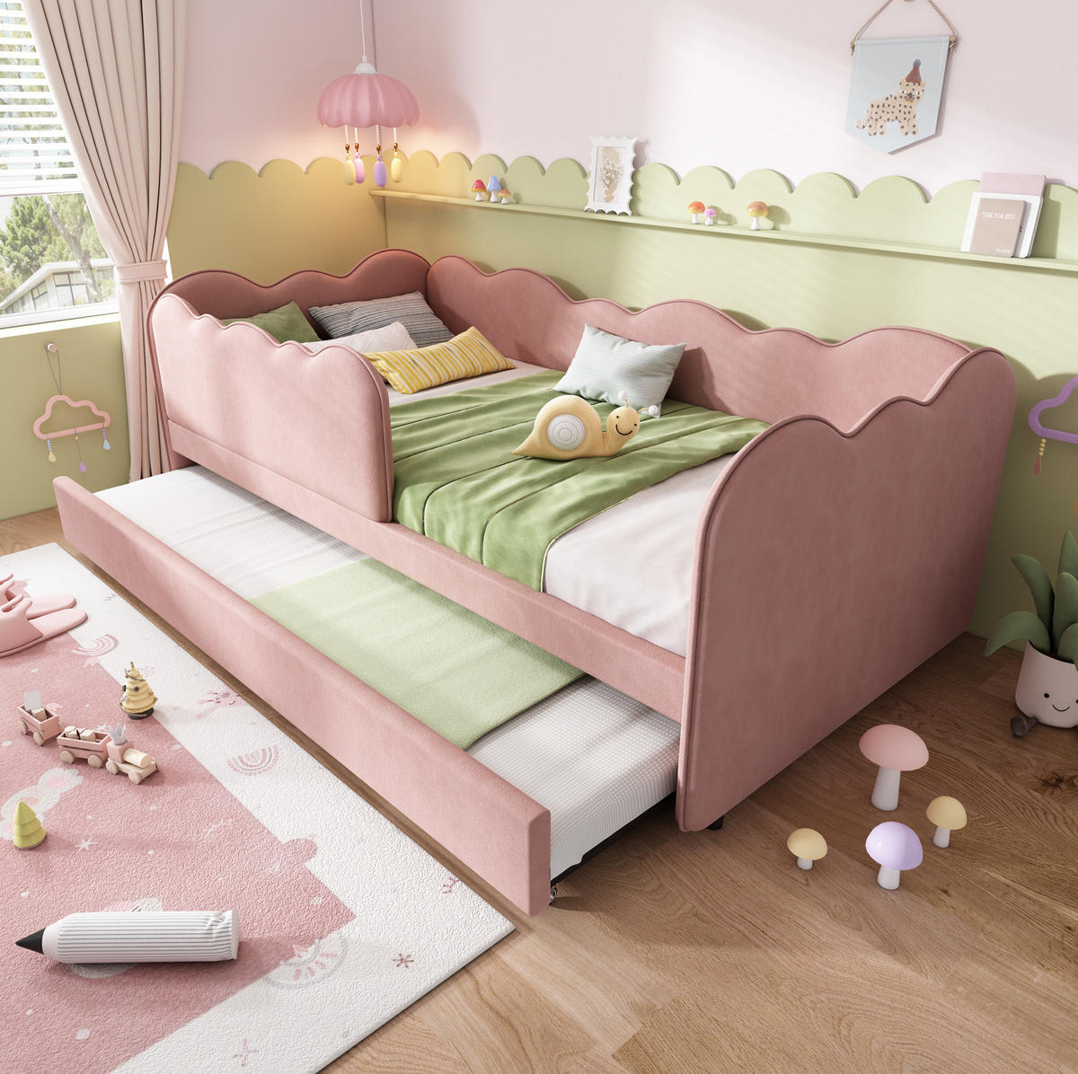 SAMT-POLSTERBETT 90/190 cm in Rosa mit Ausziehbett und gepolstertem Kopfteil - Rosa, Textil (90/190cm) - BEAOK