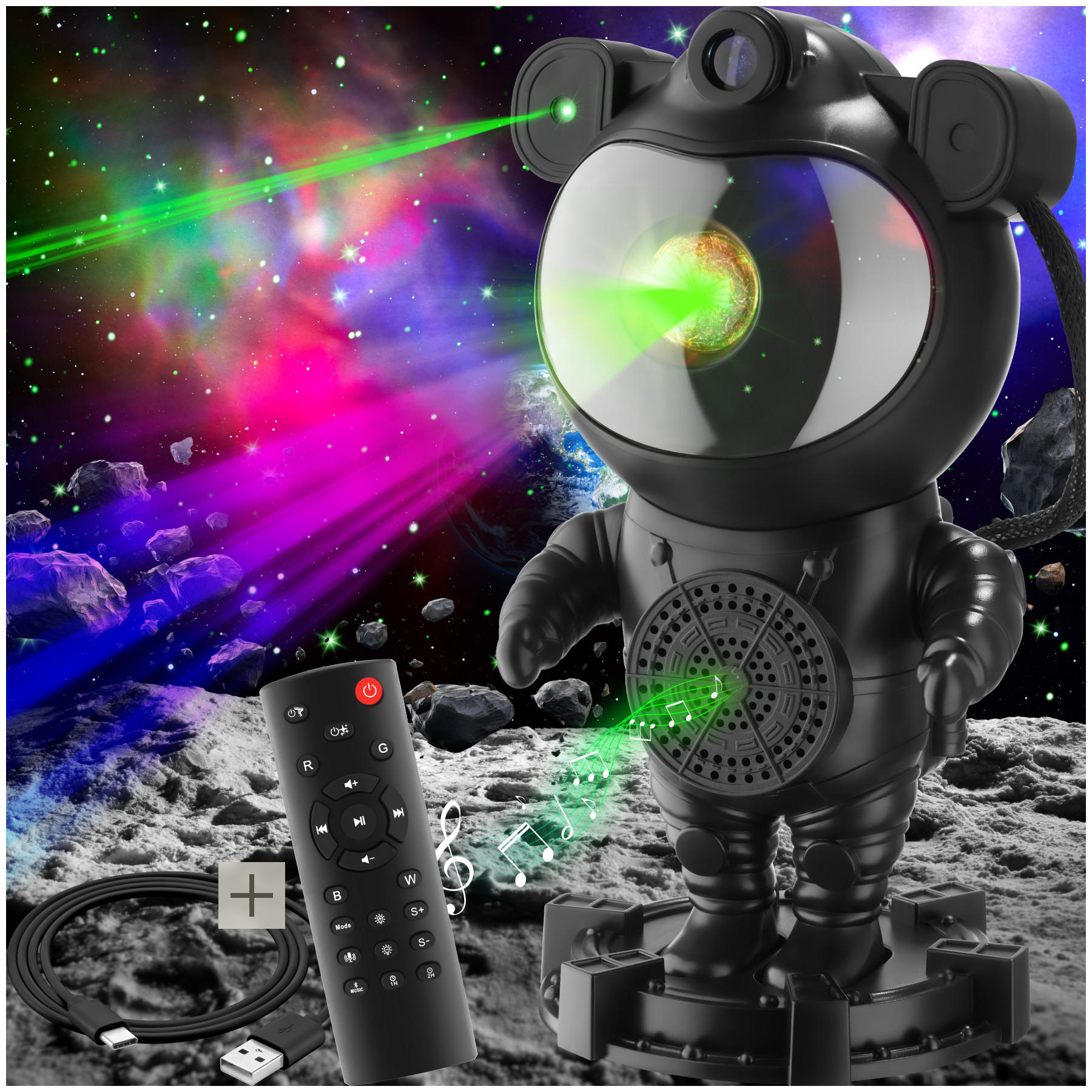 LED-STERNENHIMMEL-PROJEKTOR Astronaut,Bluetooth- und Music-Funktion mit 8 Sounds sowie Timer,schwarz - Schwarz, Kunststoff (11.5/12/23.5cm) - tectake
