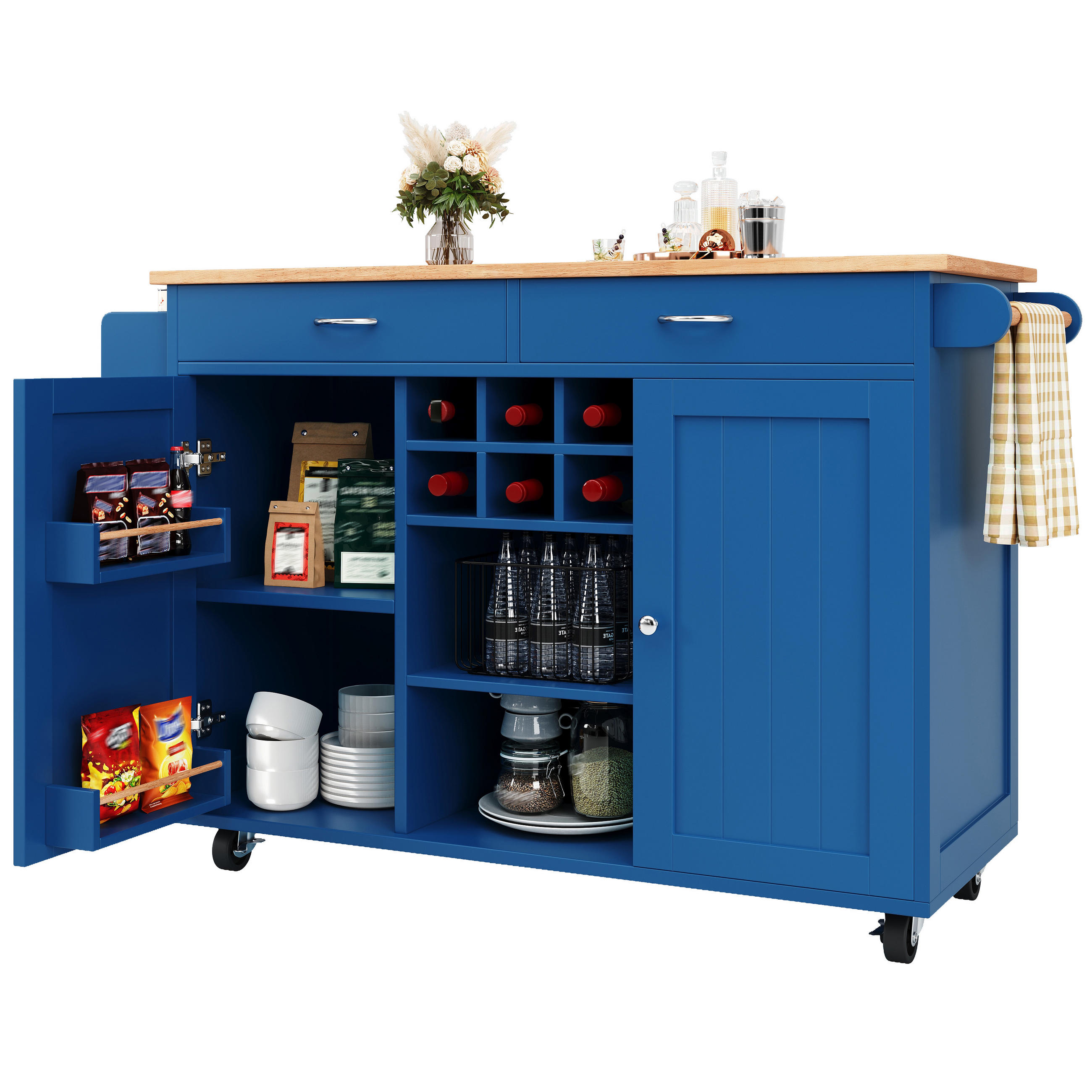 KÜCHENINSEL 102/45/92 cm Blau mit Weinregal, Seitenfach, verstellbaren Fächern und 360° Rollen - Blau, Holz/Holzwerkstoff (102/92/45cm) - Oxeza