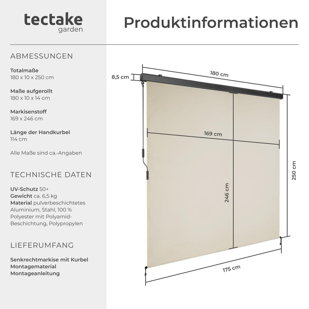 SENKRECHTMARKISE Eloise,inkl. Wandhaltern,beige - Beige, Kunststoff (180/250cm) - tectake