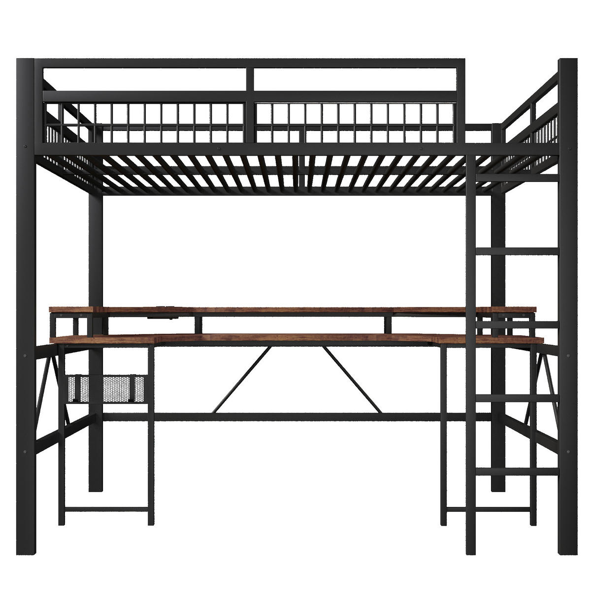 HOCHBETT aus Metall und MDF 140x200 cm Schwarz mit Schreibtisch, LED-Lichtleiste, USB-C und Steckdosen - Schwarz, Metall (140/200cm) - Modfu