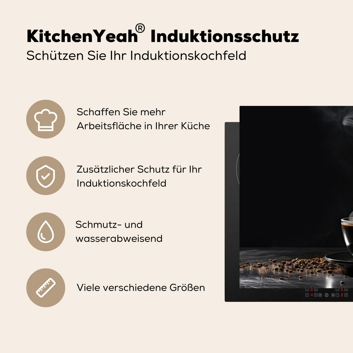HERDABDECKPLATTE Kaffee - Schwarz - Bohnen - Heiß - Tasse Ceranfeldabdeckung 78x52 cm - Schwarz, Kunststoff (78/52/0.2cm) - MuchoWow