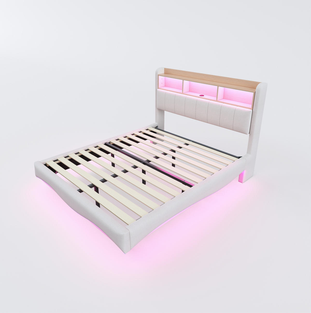POLSTERBETT 160/200 cm mit LED-Beleuchtung, USB-C und gepolstertem Kopfteil - Beige, Textil (160/200cm) - BEAOK