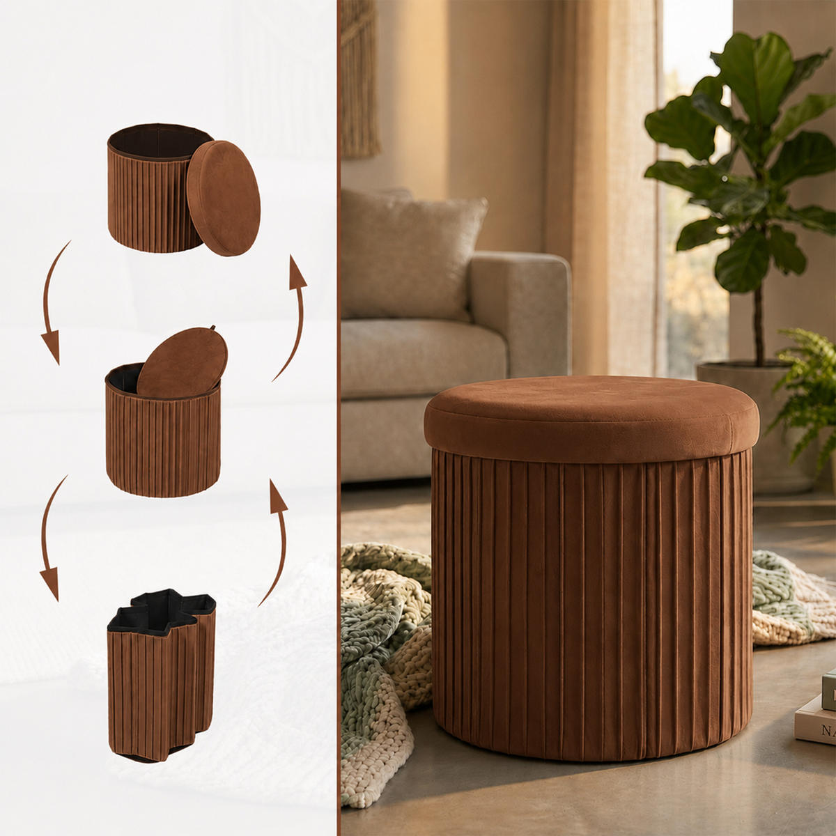 TABURET Mocha Mousse samet s úložným prostorem - hnědá, kompozitní dřevo/textil (38/38/38cm) - Relaxdays