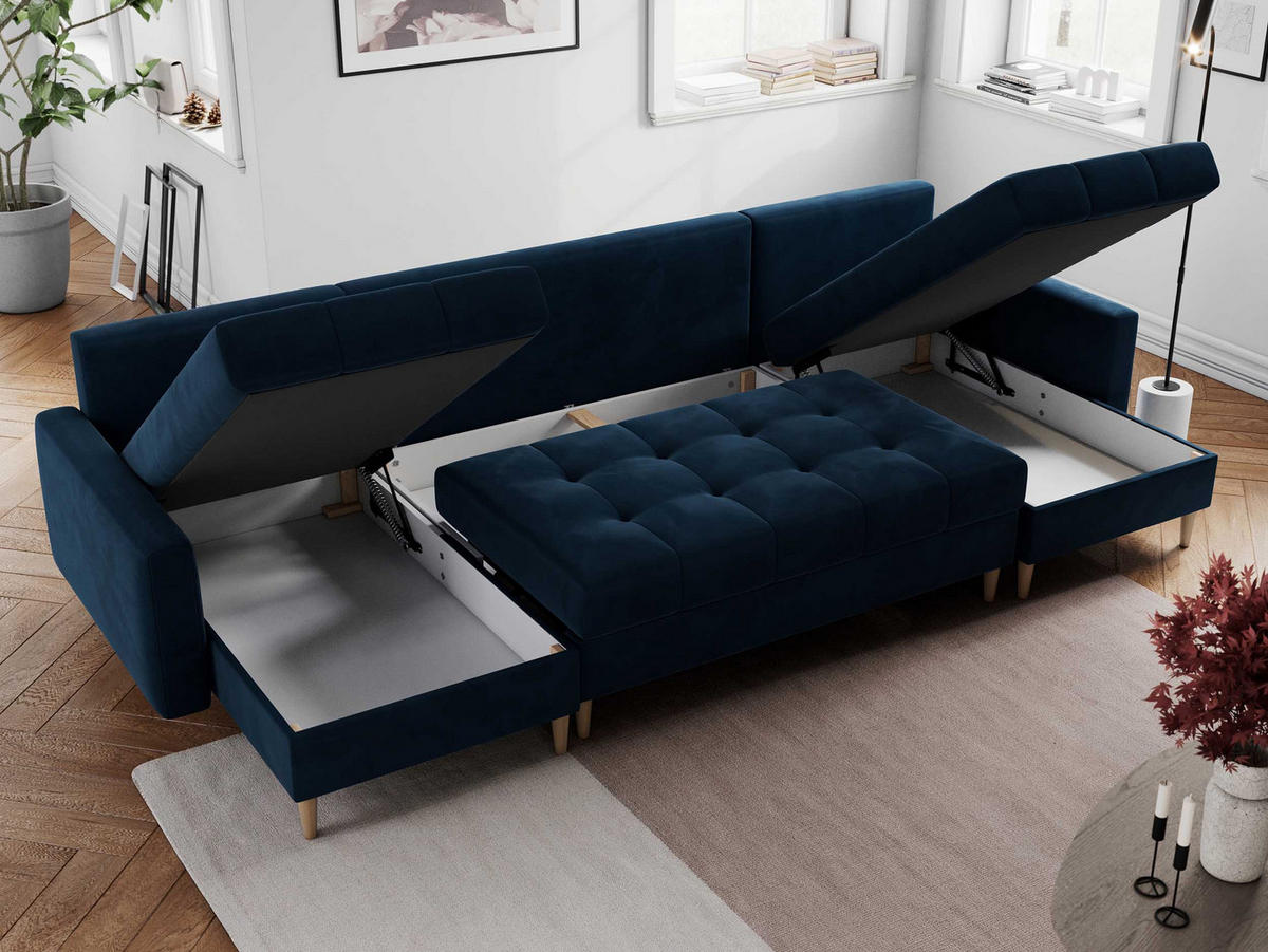 WOHNLANDSCHAFT Colin U Velvet Dunkelblau - Dunkelblau/Braun, Holz/Textil (290/75/140cm) - MKS