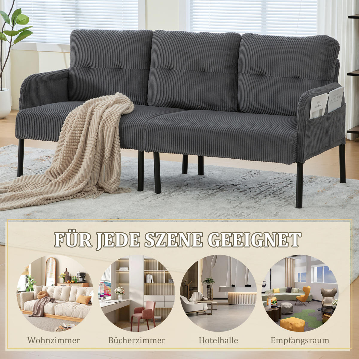 3-SITZER-SOFA 171/72/80 cm aus Cord mit Seitentasche Grau - Grau, Textil (72/80/171cm) - Modenvie