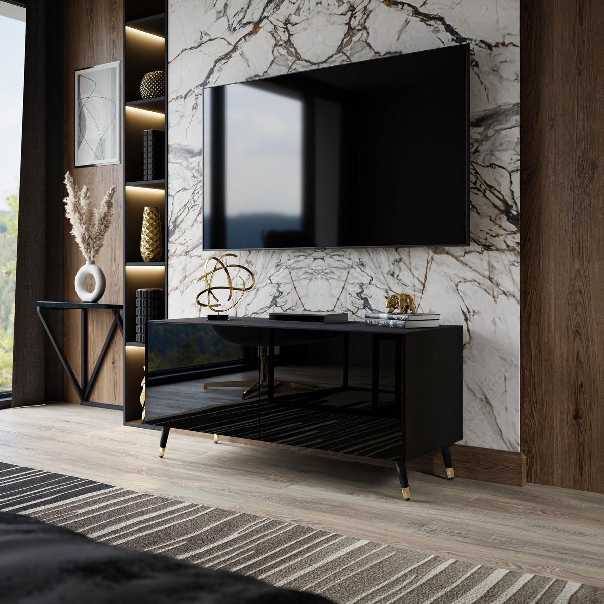 TV-ELEMENT AURA 100 Schwarz Hochglanz – Beinfarbe: Schwarz + Gold - Schwarz, Holzwerkstoff (100/48/40cm) - Lookway