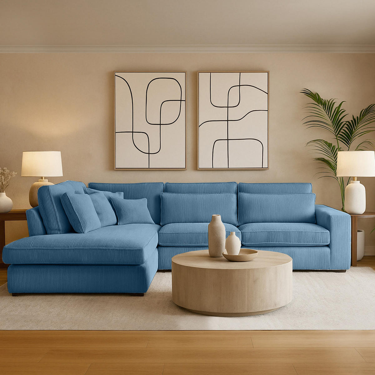 ECKSOFA Parma ohne Schlaffunktion, Cord-Stoff, Blau, Links - Blau/Schwarz, Textil (314/224cm) - Beautysofa