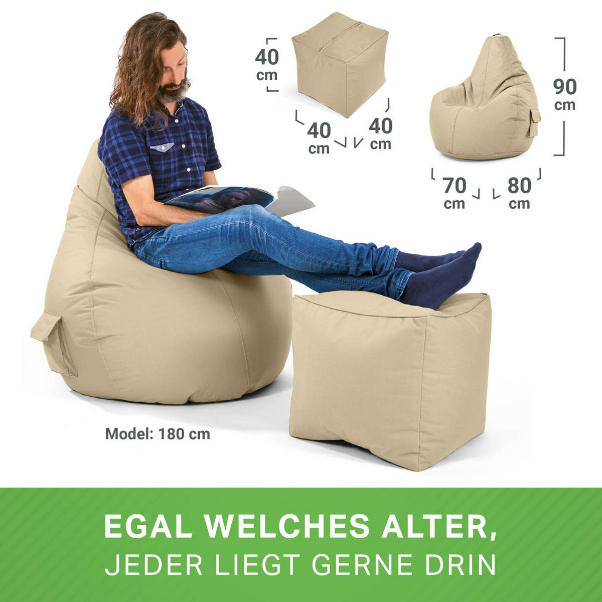 SITZSACK + Hocker "Cozy+Cube" 2er Set - Beige, Textil (70/90/80cm) - Green Bean